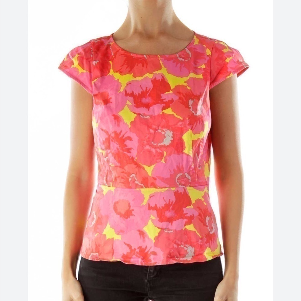 Loft Pink Yellow water color Zippered Round Neck brunch mall church‎ blouse